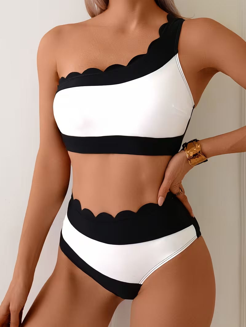 Black & White Contrast Lace One-Shoulder High-Waist Two-Piece Bikini