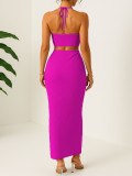 Holidays Women Crinkled Solid Halter Neck Crop Top with Slit Long Skirt Two-Piece Set