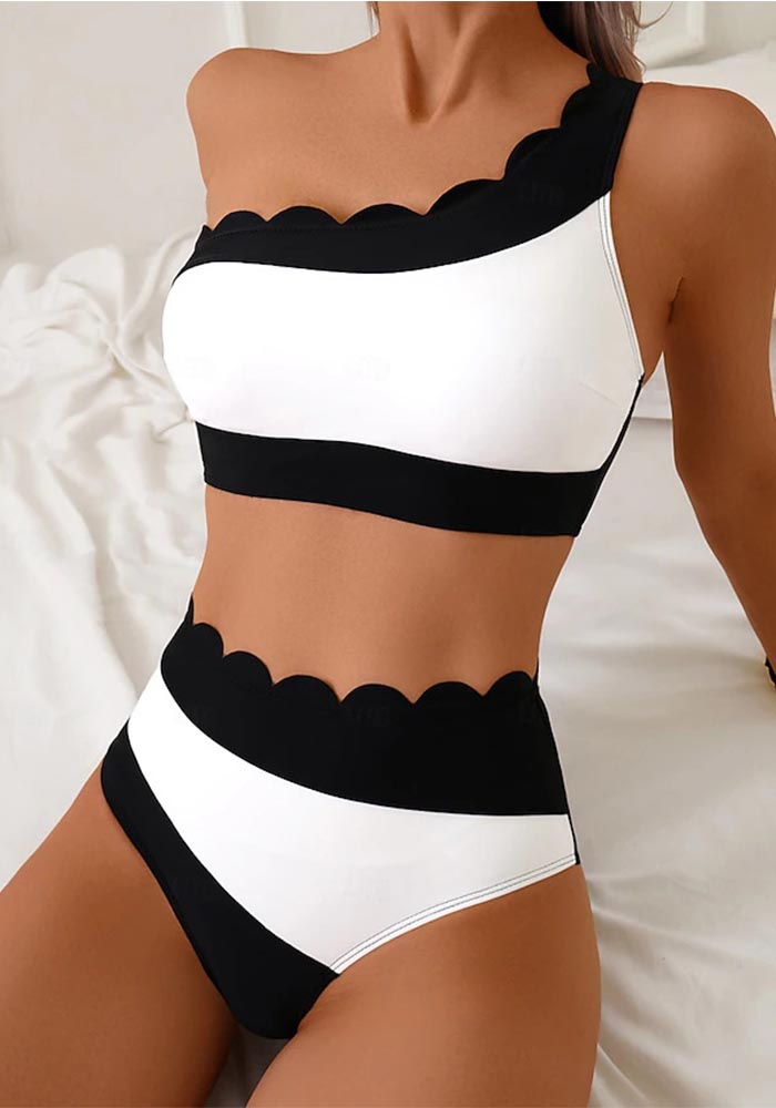 Black & White Contrast Lace One-Shoulder High-Waist Two-Piece Bikini