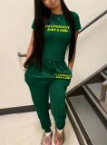 Women Sexy Solid Round Neck Letter Print Short Sleeve Two-Piece Pants Set