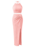 Holidays Women Crinkled Solid Halter Neck Crop Top with Slit Long Skirt Two-Piece Set