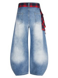 Women Street Fashion Plaid Blade Washed Denim Pants
