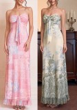 Summer Women Chic Mesh Printed Strapless Lace-Up Low Back Ruffle Edge Long Dress