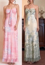 Summer Women Chic Mesh Printed Strapless Lace-Up Low Back Ruffle Edge Long Dress Summer Women Chic Mesh Printed Strapless Lace-Up Low Back Ruffle Edge Long Dress
