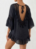 Women Crochet Patchwork Ruffle Three-Quarter Sleeve Irregular Beach Dress Cover-Up