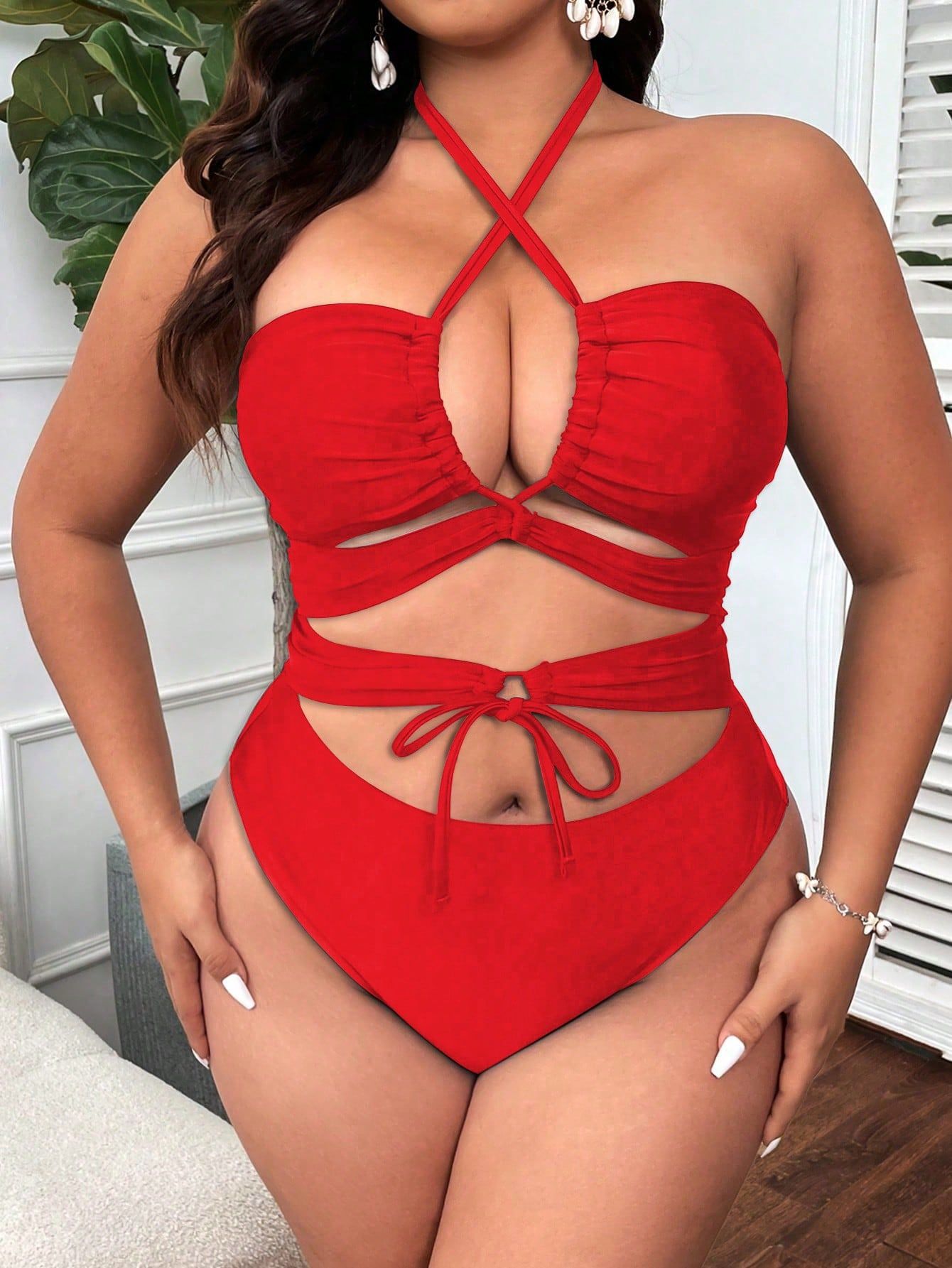Cut-Out Lace-Up One-Piece Swimsuit for Pool & Beach