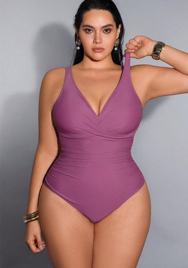 Plus Size Women Waist-Shaping Back Tie Adjustable One-Piece Swimsuit