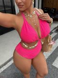 Plus Size Women High-Waist Cut-Out Shell Chain Low Back One-Piece Swimsuit
