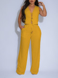 Women Solid Sleeveless V-Neck Tie Front Top with Drawstring Wide-Leg Two-Piece Pants Set