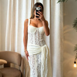 Women Chic Lace Hollow Strap Bodycon Ribbon Dress