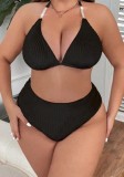 Plus Size Women Halter Low Back Solid High-Waist Bikini Two-Piece Set