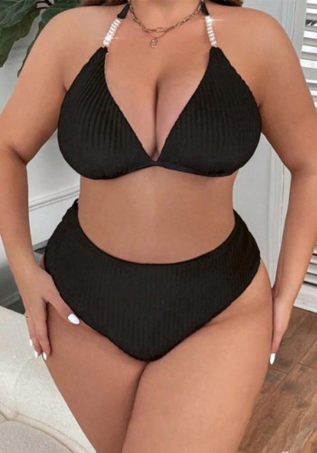 Plus Size Women Halter Low Back Solid High-Waist Bikini Two-Piece Set