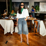 Women Fashion Washed Floral Embroidered Denim Pants