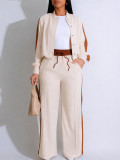 Women Color-Blocked Side Stripe Long-Sleeve Jacket with Drawstring Wide-Leg Two-Piece Pants Set