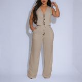 Women Solid Sleeveless V-Neck Tie Front Top with Drawstring Wide-Leg Two-Piece Pants Set