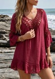 Women Crochet Patchwork Ruffle Three-Quarter Sleeve Irregular Beach Dress Cover-Up