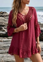 Women Crochet Patchwork Ruffle Three-Quarter Sleeve Irregular Beach Dress Cover-Up Women Crochet Patchwork Ruffle Three-Quarter Sleeve Irregular Beach Dress Cover-Up