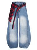 Women Street Fashion Plaid Blade Washed Denim Pants