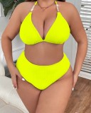 Plus Size Women Halter Low Back Solid High-Waist Bikini Two-Piece Set