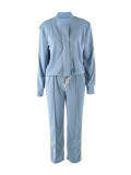 Women Color-Blocked Side Stripe Long-Sleeve Jacket with Drawstring Wide-Leg Two-Piece Pants Set
