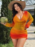 Plus Size Women Two-Piece Bikini Set Gradient Drawstring Dress Cover-Up Four-Piece