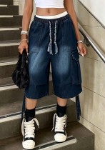 Women Washed Large Pocket Elastic Drawstring Cargo Denim Capri Pants Women Washed Large Pocket Elastic Drawstring Cargo Denim Capri Pants