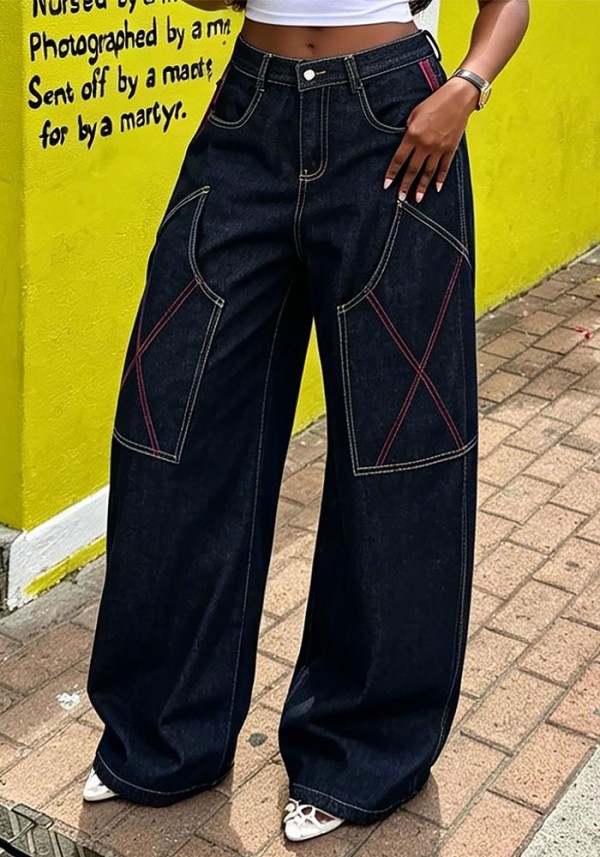 Women Color Block Topstitching Cargo Denim Pants