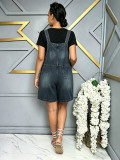 Women Casual Double Pocket Washed Denim Overall Shorts