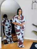Women Casual Turndown Collar Color Block Printed Short Sleeve Shirt Wide Leg Pants Two-Piece Set