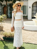 Women Off Shoulder Holiday Lace Hollow Out Tank Top and Fishtail Skirt Two-Piece Set