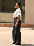 Women Asymmetric Placket Color Block Topstitching Denim Pants
