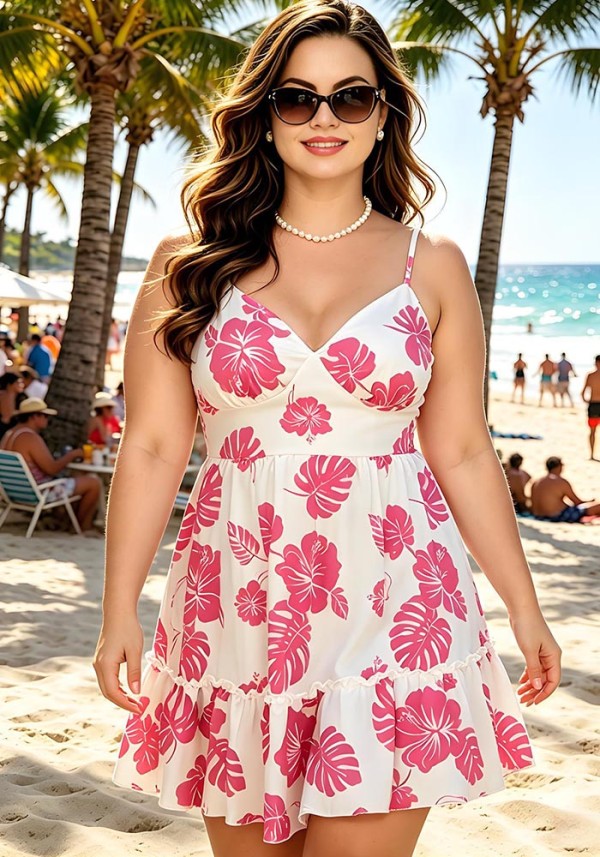 Plus Size Women Printed Strap Dress V-Neck Ruffle Smocked Dress