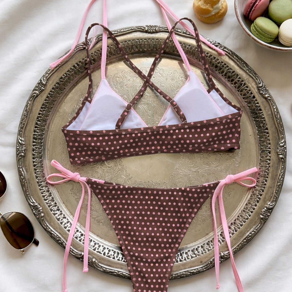 Polka Dot Printed Faux Two-Piece Halter Lace-Up Swimsuit Set