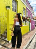 Women Color Block Topstitching Cargo Denim Pants