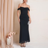 Women Summer Spaghetti Strap Off Shoulder Mesh Fishbone Maxi Dress