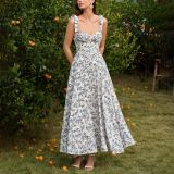 Women Summer Printed Backless Lace-Up Fishbone Maxi Strap Dress
