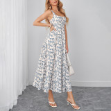 Women Printed Holiday Backless Lace-Up Floral Maxi Strap Dress