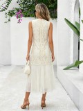 Women Summer French Jacquard Embroidery Faux Two-Piece Sleeveless Pleated Dress