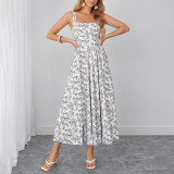 Women Printed Holiday Backless Lace-Up Floral Maxi Strap Dress