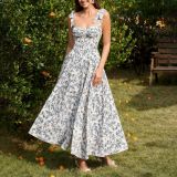 Women Summer Printed Backless Lace-Up Fishbone Maxi Strap Dress