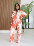 Women Casual Turndown Collar Color Block Printed Short Sleeve Shirt Wide Leg Pants Two-Piece Set