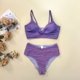Women Purple Tie Dye Stripe Patchwork Bikini Casual Swimsuit
