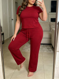 Plus Size Women Short Sleeve Top + Bell Bottom Pants Two-Piece Set