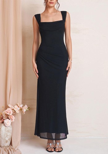 Women Summer Spaghetti Strap Off Shoulder Mesh Fishbone Maxi Dress