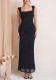 Women Summer Spaghetti Strap Off Shoulder Mesh Fishbone Maxi Dress