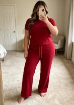 Plus Size Women Short Sleeve Top + Bell Bottom Pants Two-Piece Set