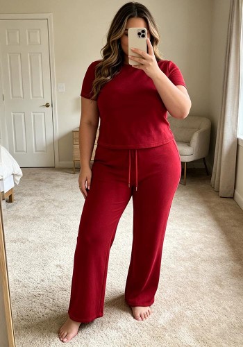 Plus Size Women Short Sleeve Top + Bell Bottom Pants Two-Piece Set