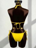 Women Summer Halter Neck Side Lace-Up Black Edge Pink Bikini Bottom Swimsuit Two-Piece Set