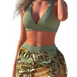 Women Halter Neck Lace-Up Skirt Pants Sexy Bikini Printed Two-Piece Swimsuit