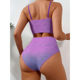 Women Purple Tie Dye Stripe Patchwork Bikini Casual Swimsuit